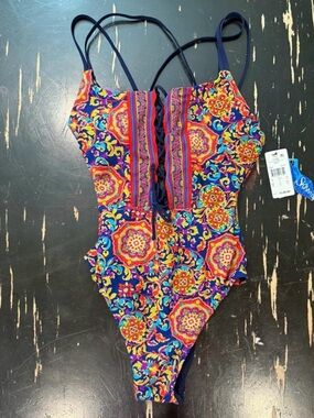 NWT Skinny Dippers 2016 Style One-Piece Bathing Suit Boho Lace Up Hour glass M